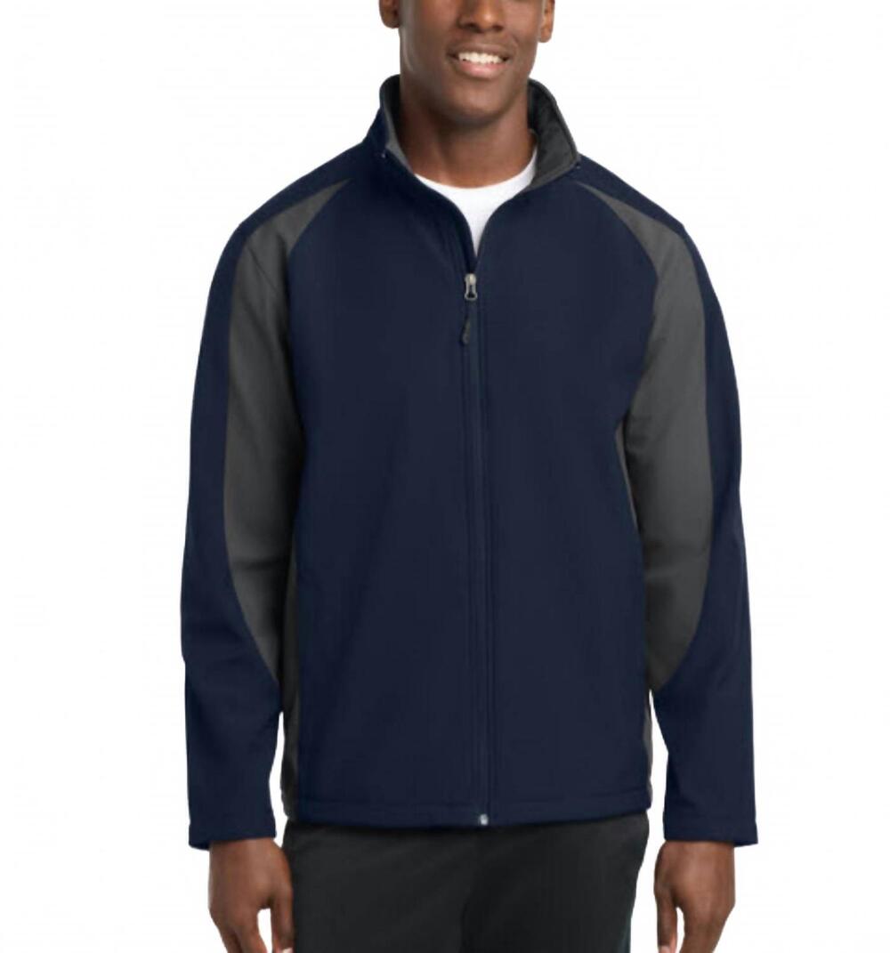 NEW SPORT-TEK colorblock soft shell jacket in navy/grey